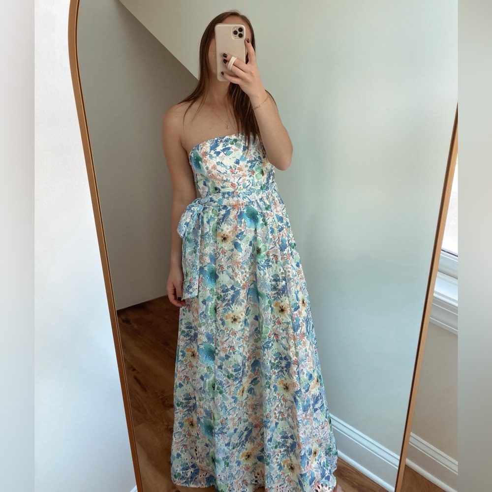 Storia Strapless Floral Maxi Dress in Blue and Green